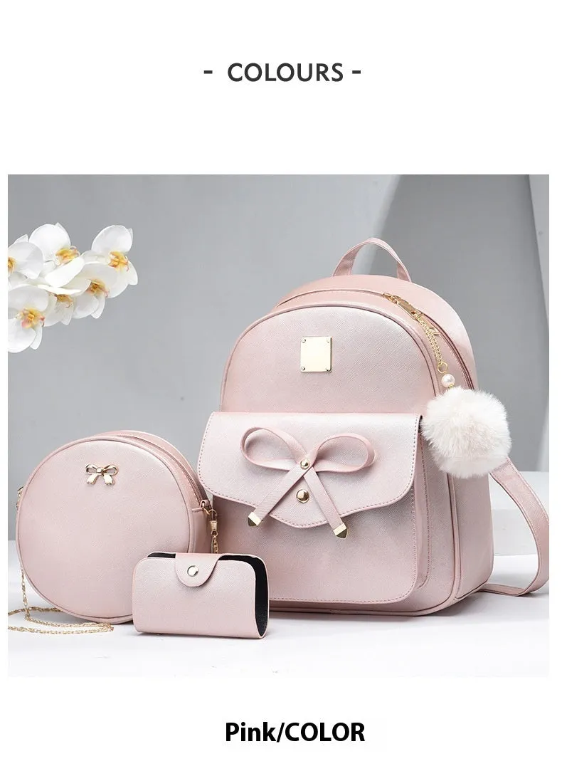 Fashion Women's PU Bow Bag Set - Cute Shoulder Backpack, Crossbody Bag, and Coin Purse (3pcs)