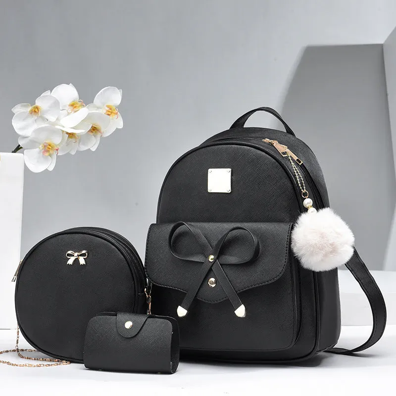 Fashion Women's PU Bow Bag Set - Cute Shoulder Backpack, Crossbody Bag, and Coin Purse (3pcs)