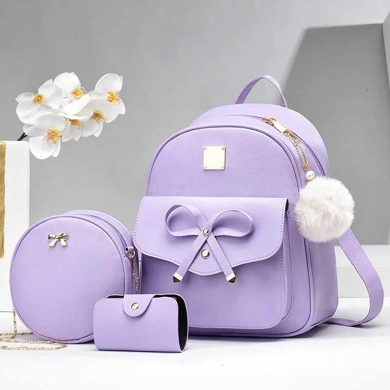 Fashion Women's PU Bow Bag Set - Cute Shoulder Backpack, Crossbody Bag, and Coin Purse (3pcs)