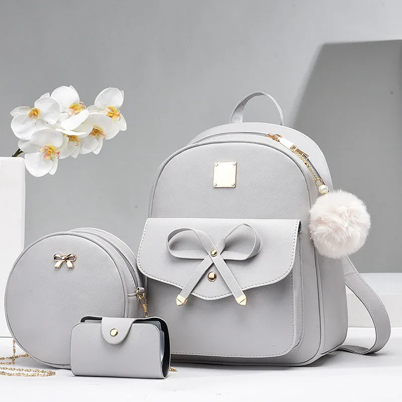 Fashion Women's PU Bow Bag Set - Cute Shoulder Backpack, Crossbody Bag, and Coin Purse (3pcs)