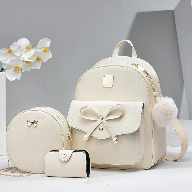 Fashion Women's PU Bow Bag Set - Cute Shoulder Backpack, Crossbody Bag, and Coin Purse (3pcs)