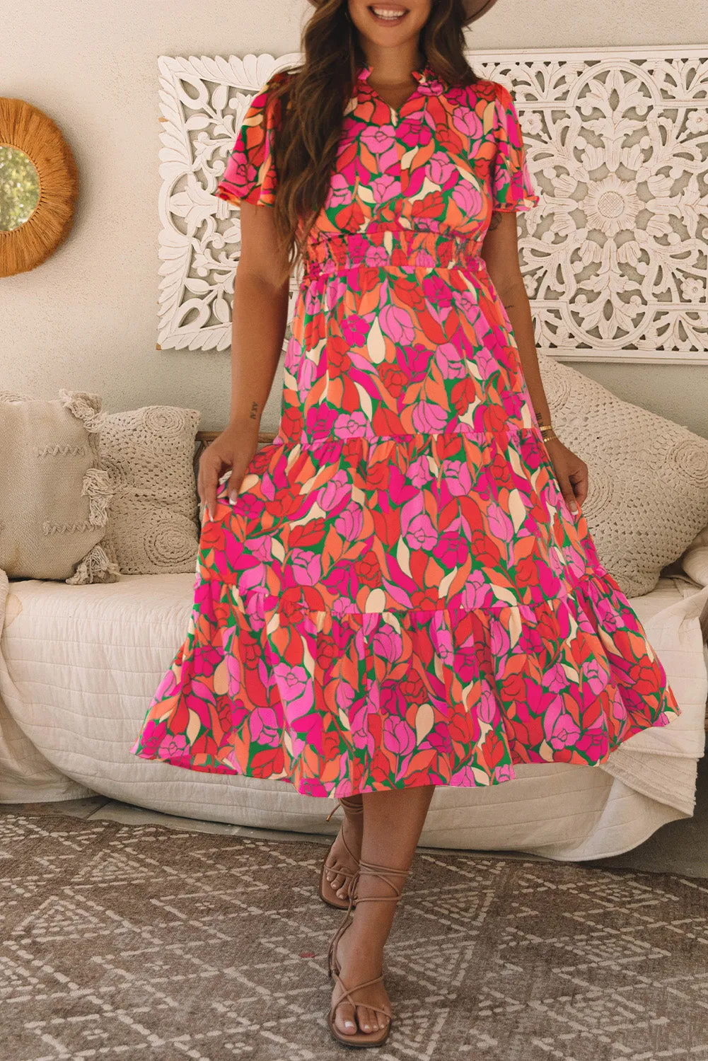 Floral Short Sleeve Smocked Waist Maxi dress