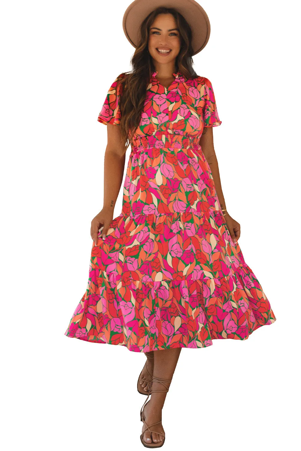 Floral Short Sleeve Smocked Waist Maxi dress