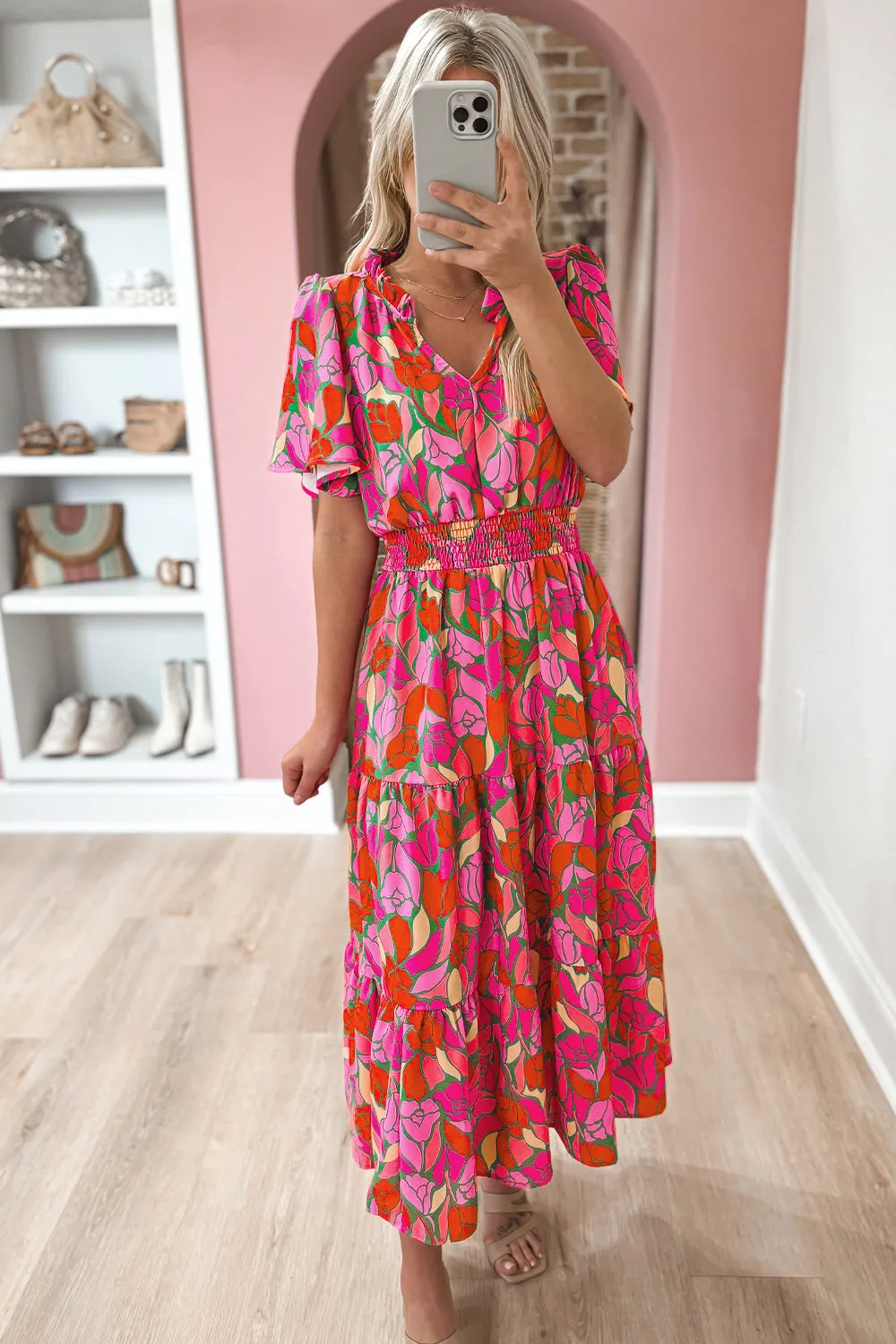 Floral Short Sleeve Smocked Waist Maxi dress