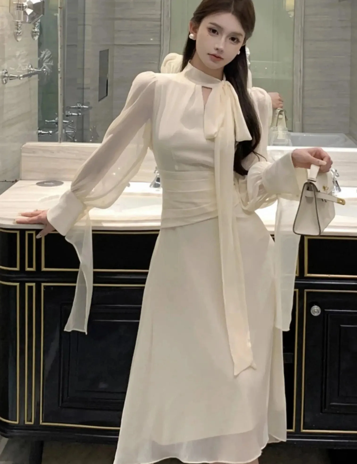 Getadme Korean Chic Irregular Midi Dress Elegant Lace Up Long Sleeve A-line Vestidos Women French Fashion Fairy Holiday Clothes