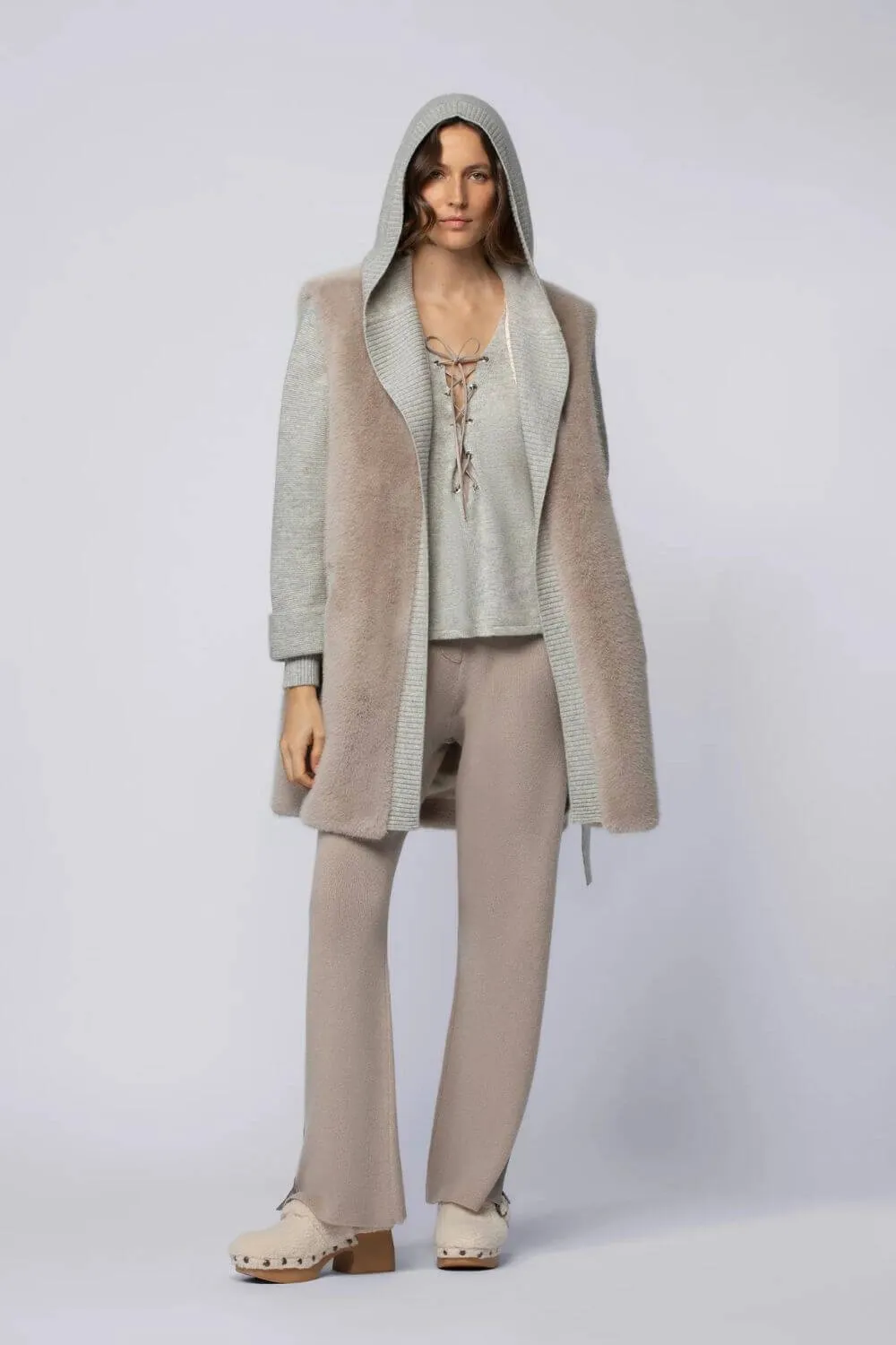 Golia Mid-length Wool and Cashmere Sweater Vest with Faux Fur in Grey