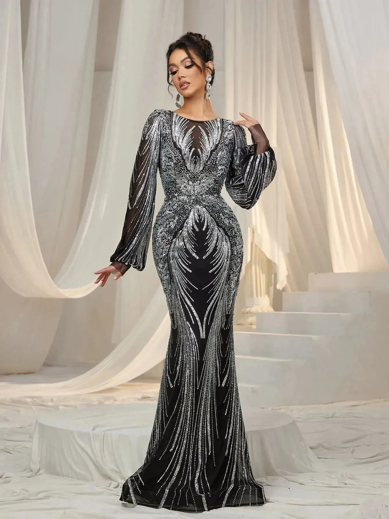 Gorgeous Lantern Sleeves Mermaid Hem Graphic Sequin Evening Dress