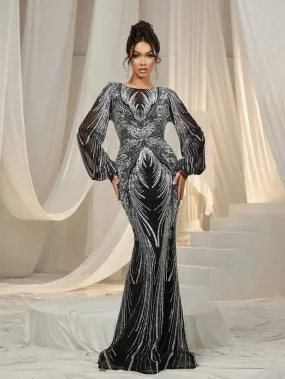 Gorgeous Lantern Sleeves Mermaid Hem Graphic Sequin Evening Dress