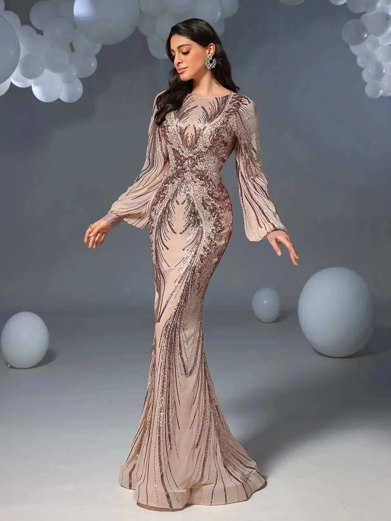 Gorgeous Lantern Sleeves Mermaid Hem Graphic Sequin Evening Dress