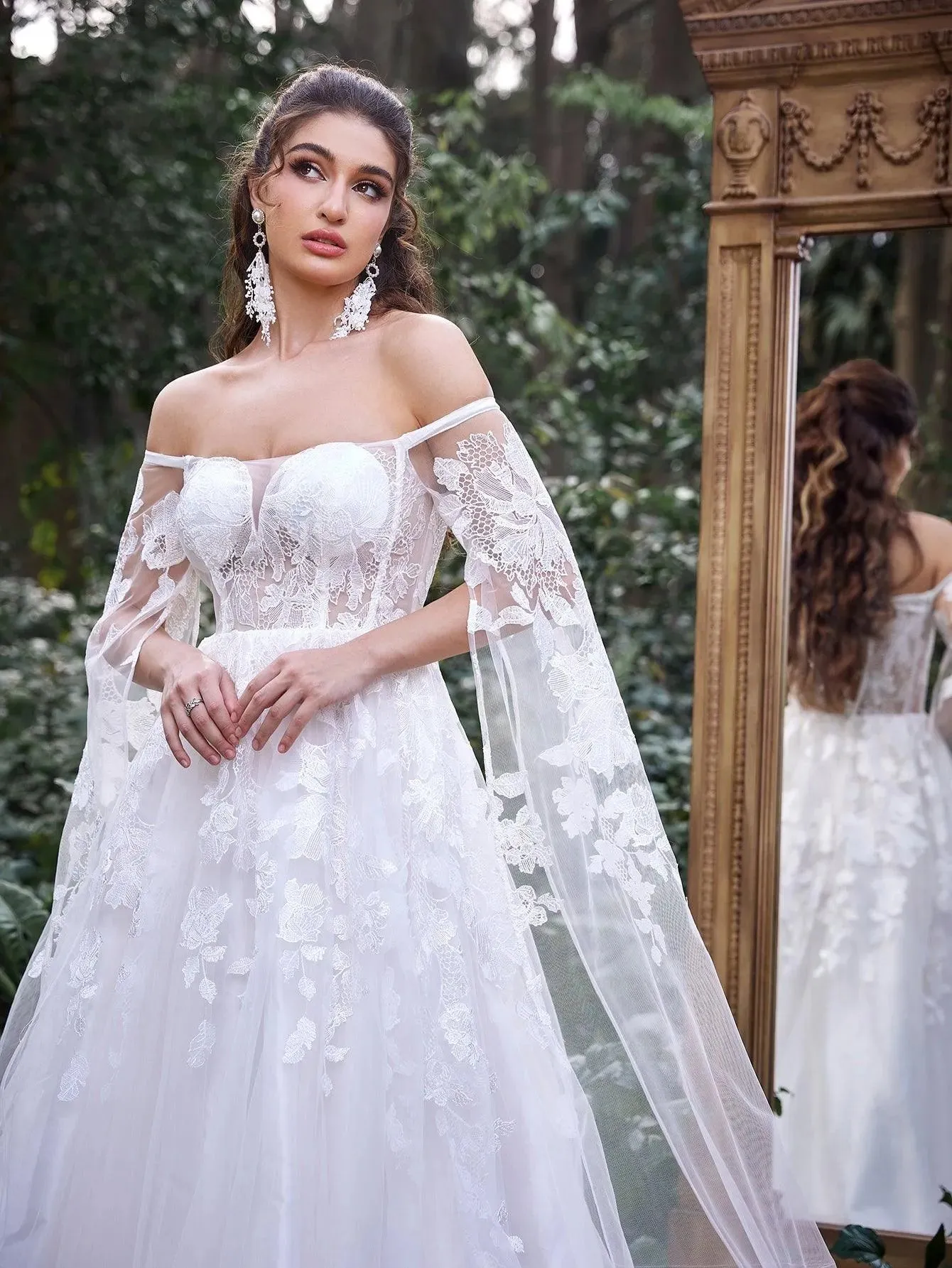 Gorgeous Off Shoulder Cape Sleeves Floral Applique Detail Wedding Dress