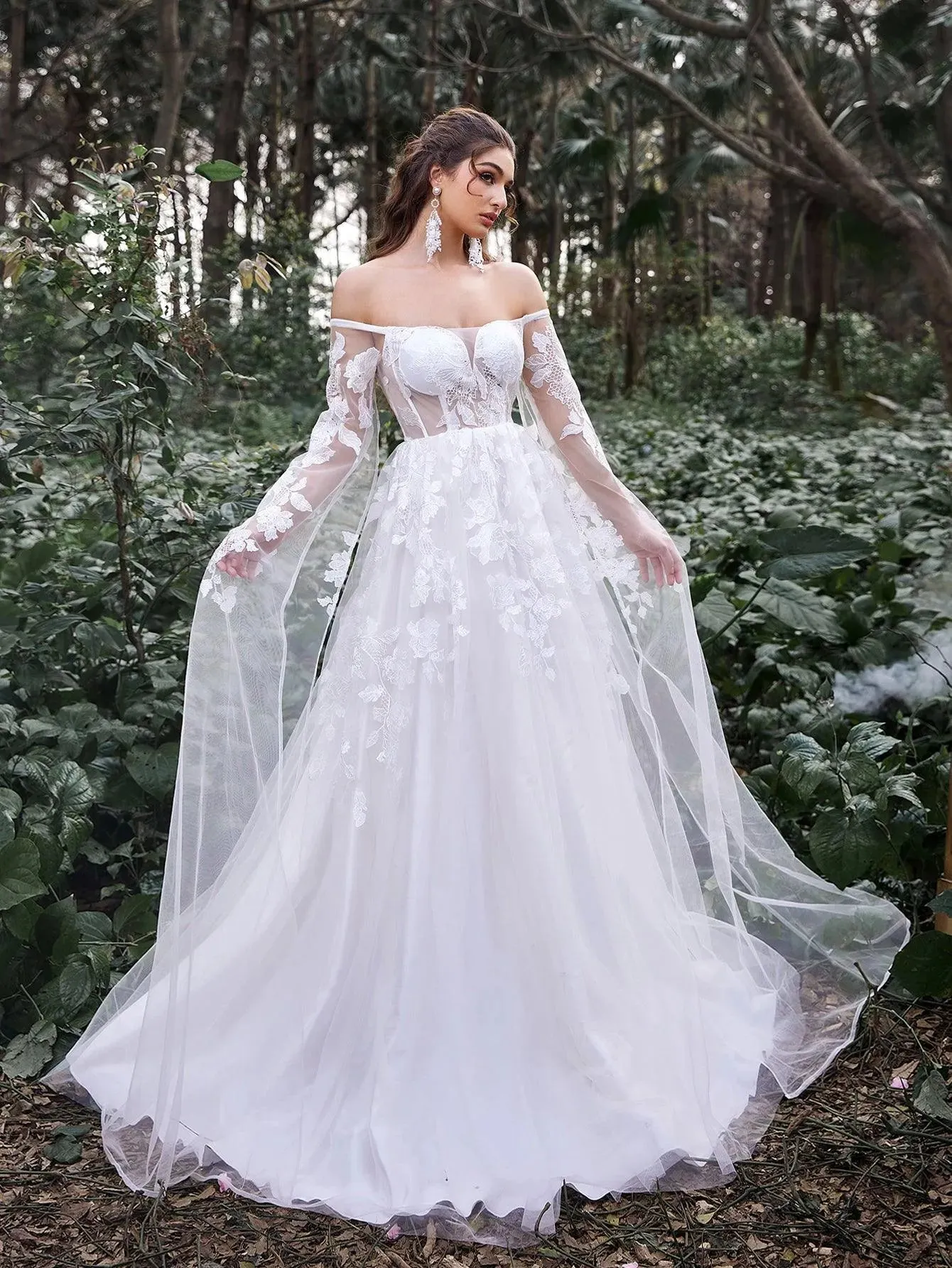 Gorgeous Off Shoulder Cape Sleeves Floral Applique Detail Wedding Dress