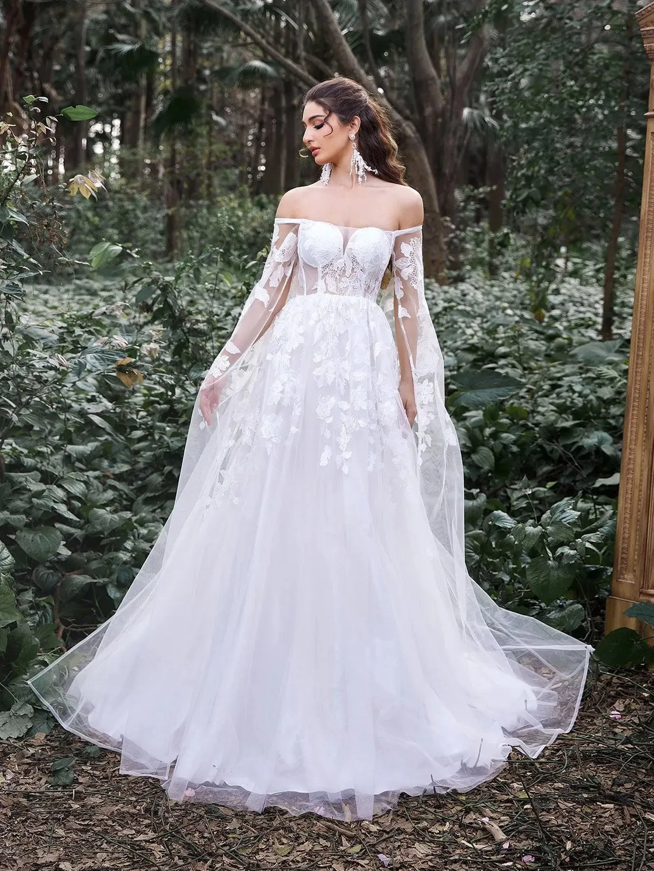 Gorgeous Off Shoulder Cape Sleeves Floral Applique Detail Wedding Dress