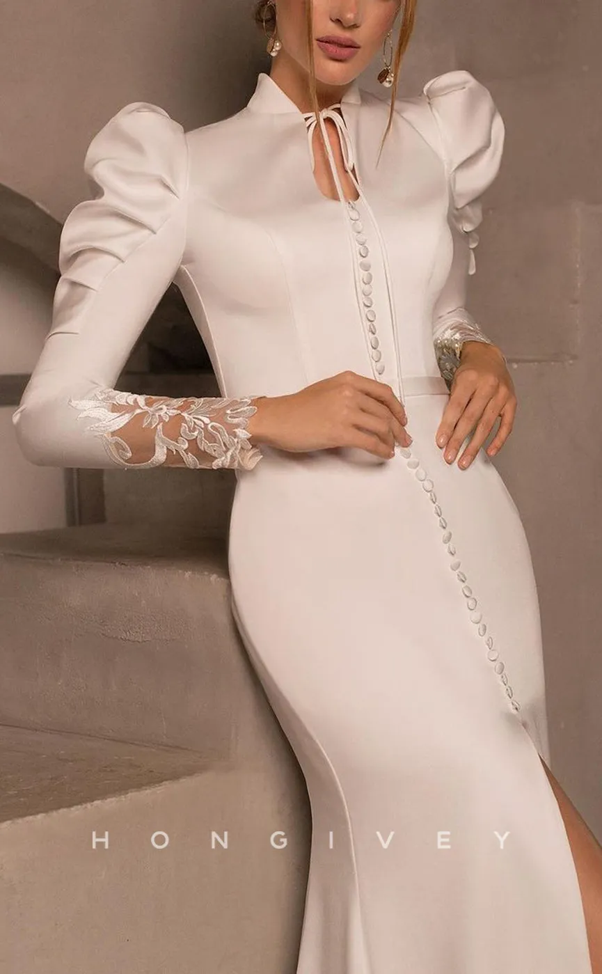 H1221 - Sexy Satin Fitted High Neck Long Sleeve Beaded With Slit Train Wedding Dress