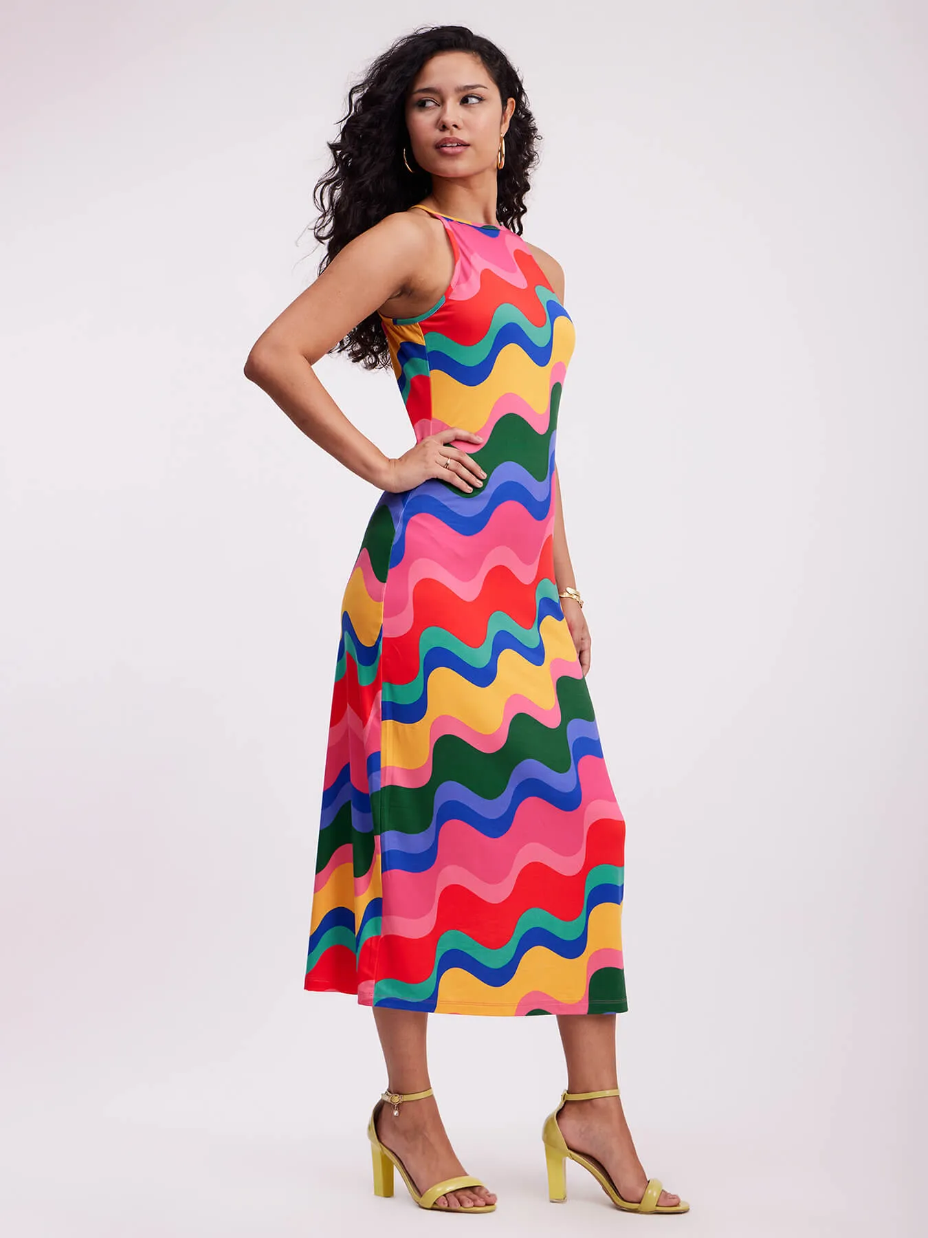 Halter Neck Wave Print Dress - Multicolour