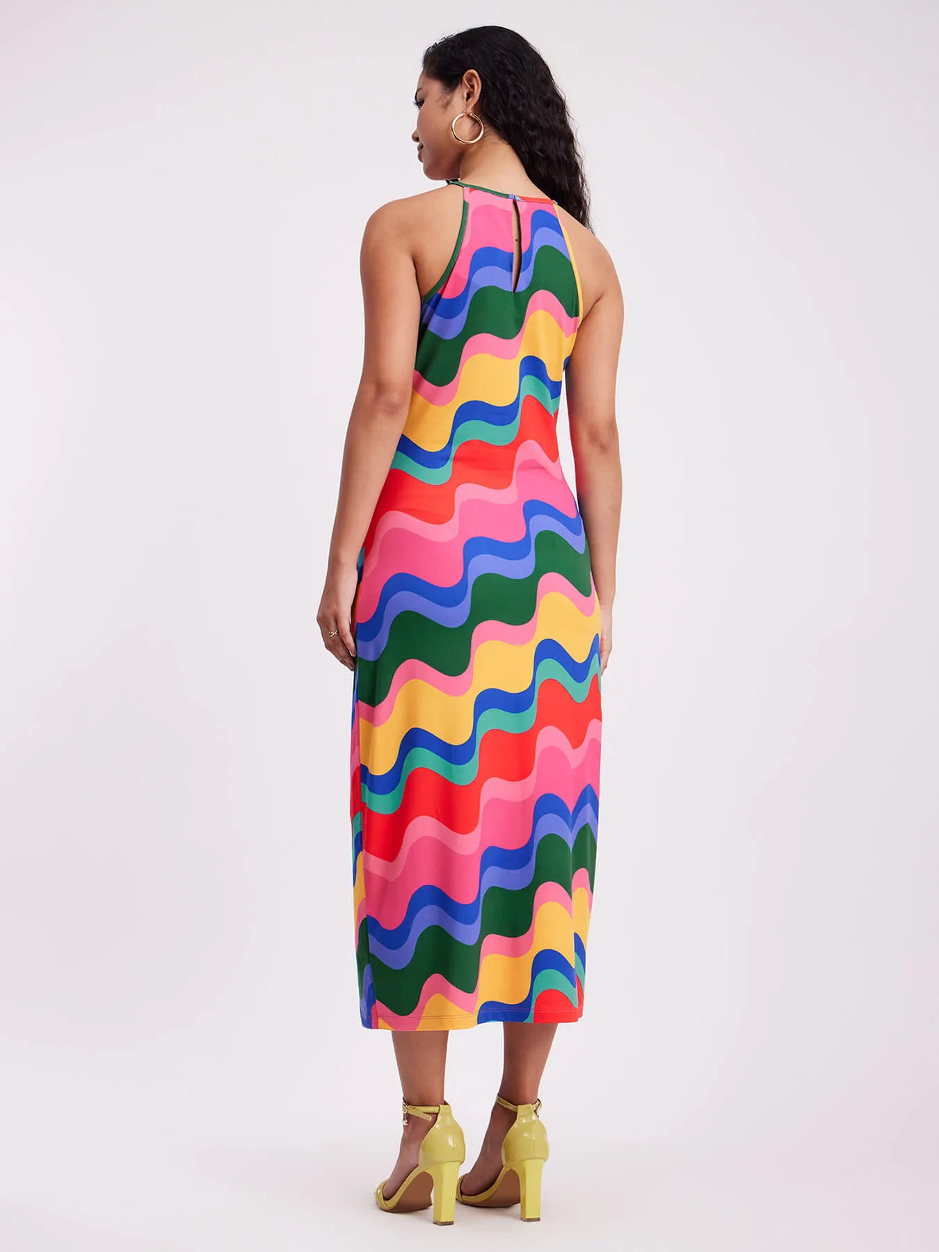 Halter Neck Wave Print Dress - Multicolour