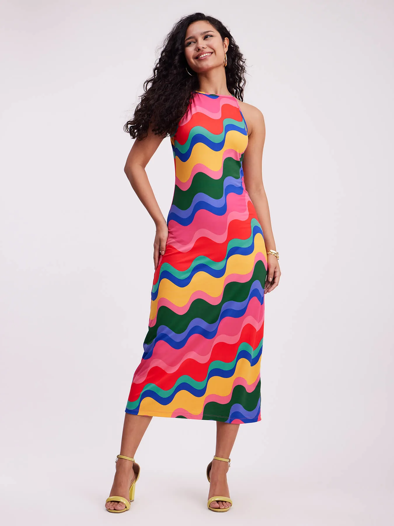 Halter Neck Wave Print Dress - Multicolour