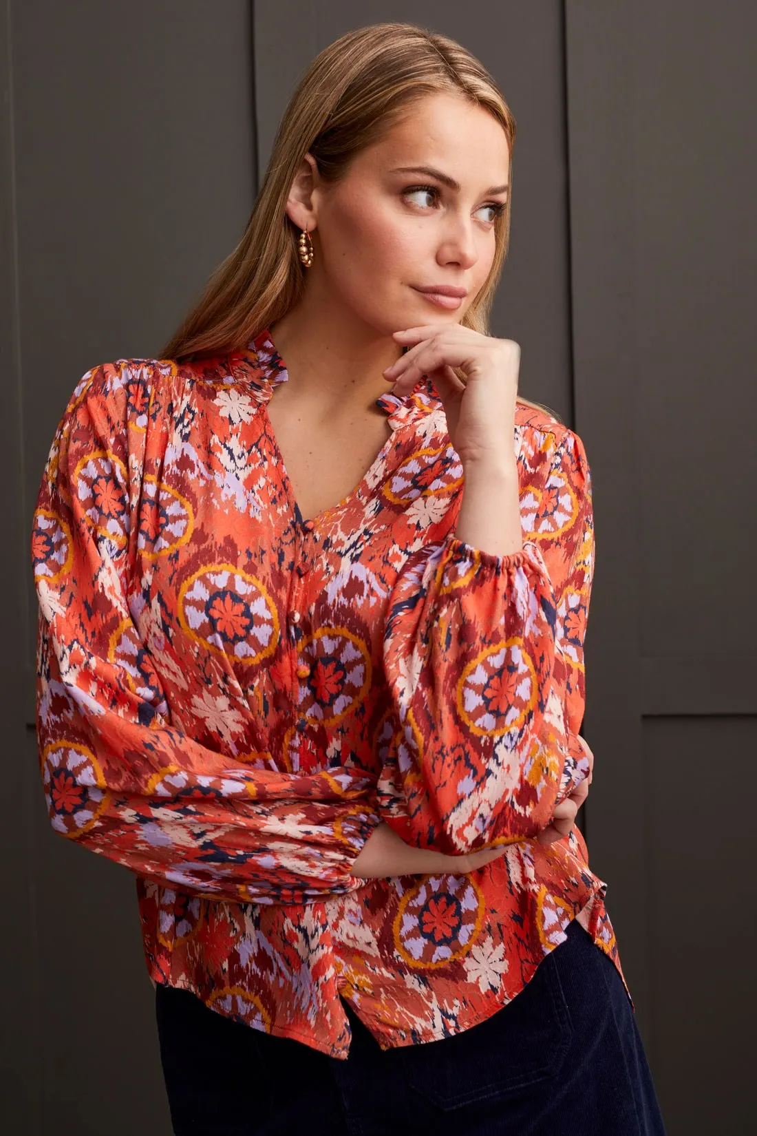 JACQUARD CHALLIS BUTTON-UP BLOUSE-Hot coral