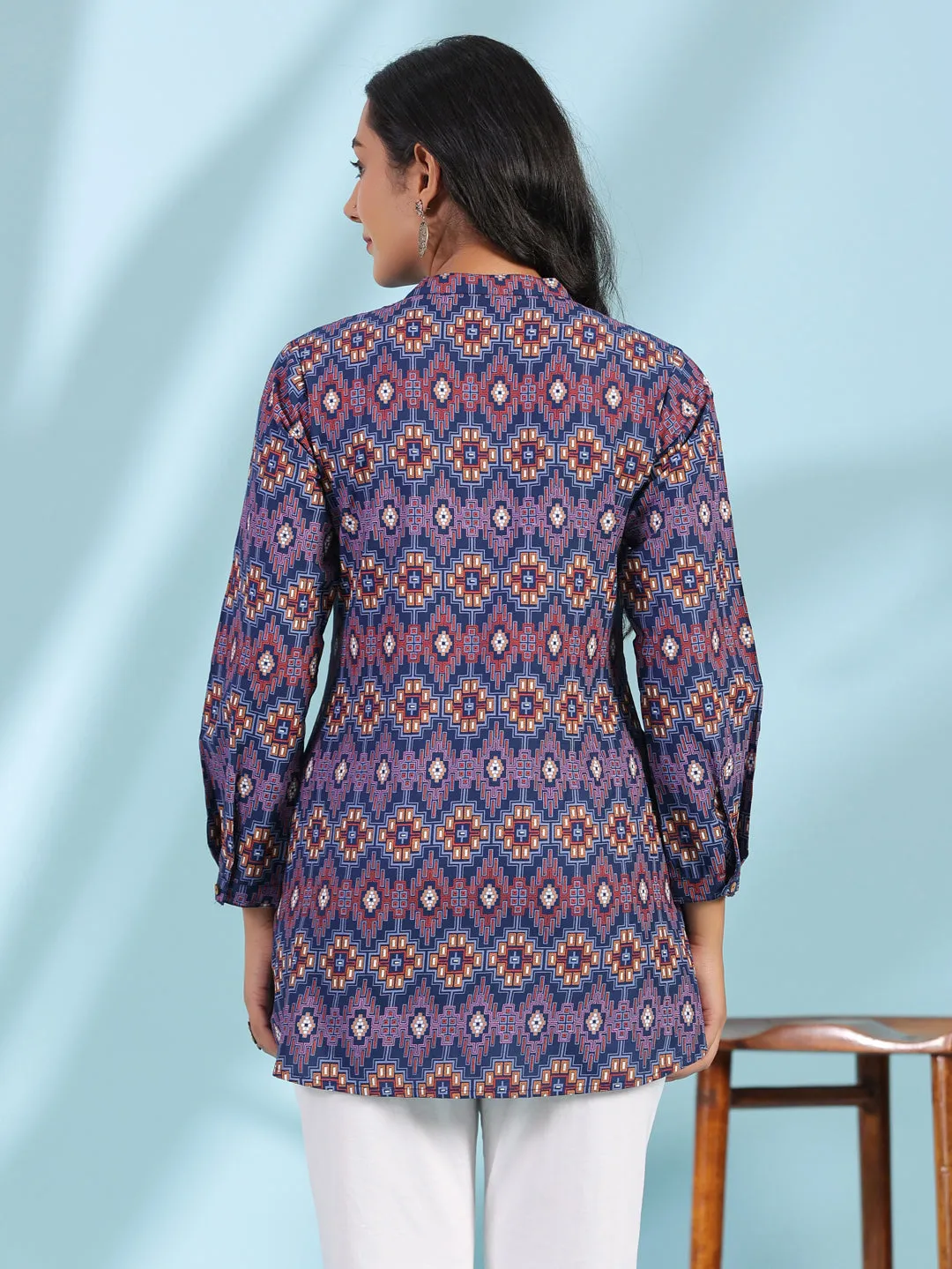 Juniper The Crafted Geometrics Blue Geometric Printed Rayon Tunic