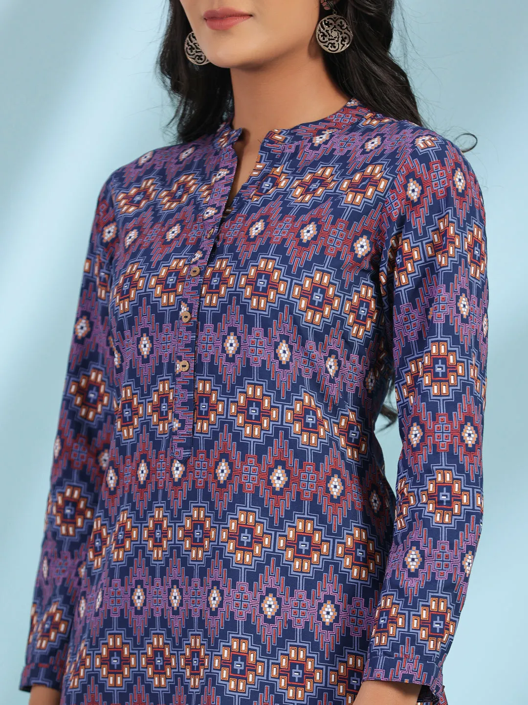 Juniper The Crafted Geometrics Blue Geometric Printed Rayon Tunic