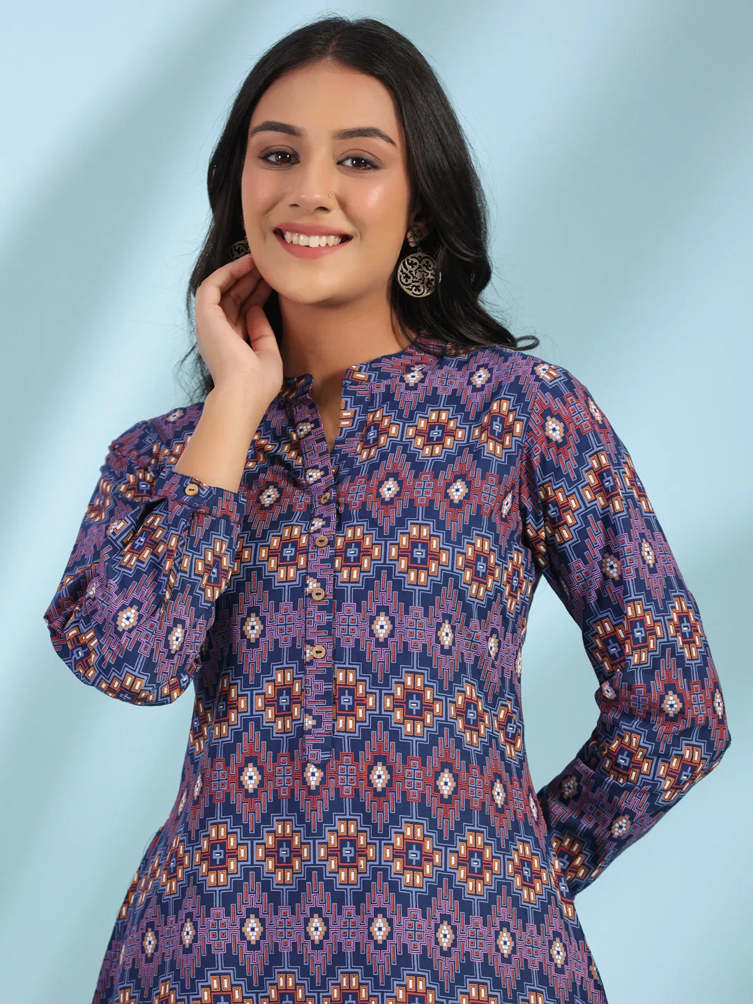 Juniper The Crafted Geometrics Blue Geometric Printed Rayon Tunic