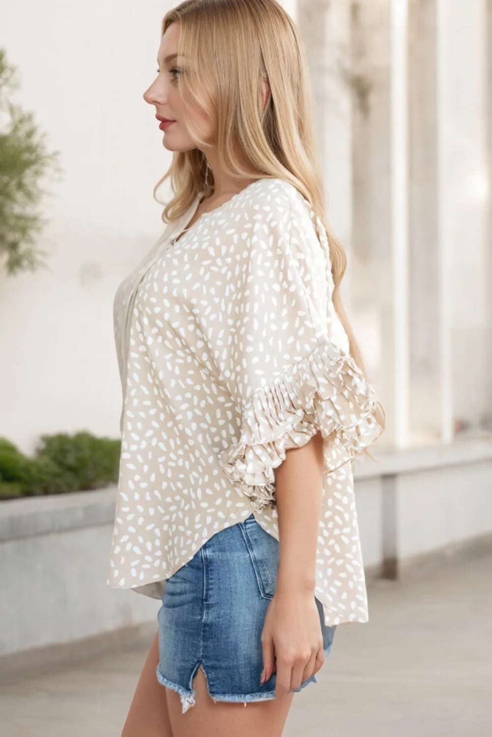 Khaki Dolman Ruffled Sleeve Loose Blouse