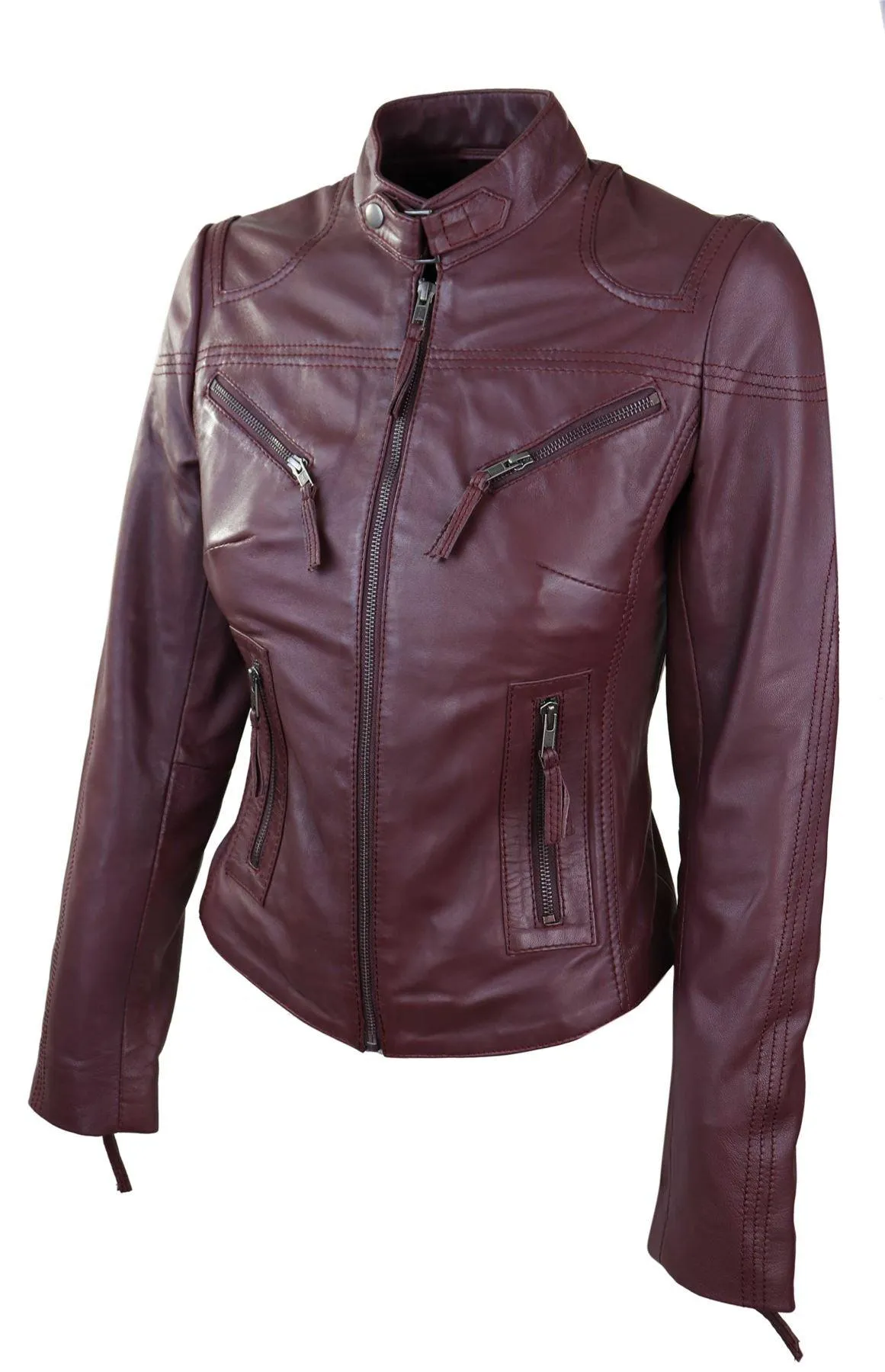 Ladies Women Genuine Real Leather Slim Fit Navy Biker Jacket