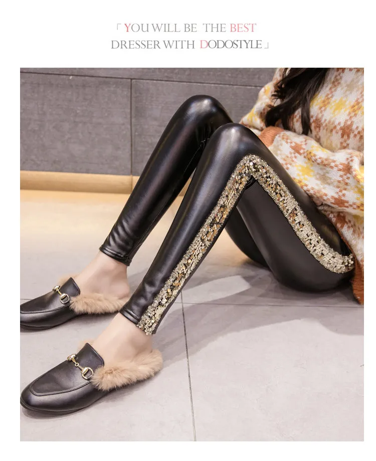 Leather Velvet Women High Waist pants