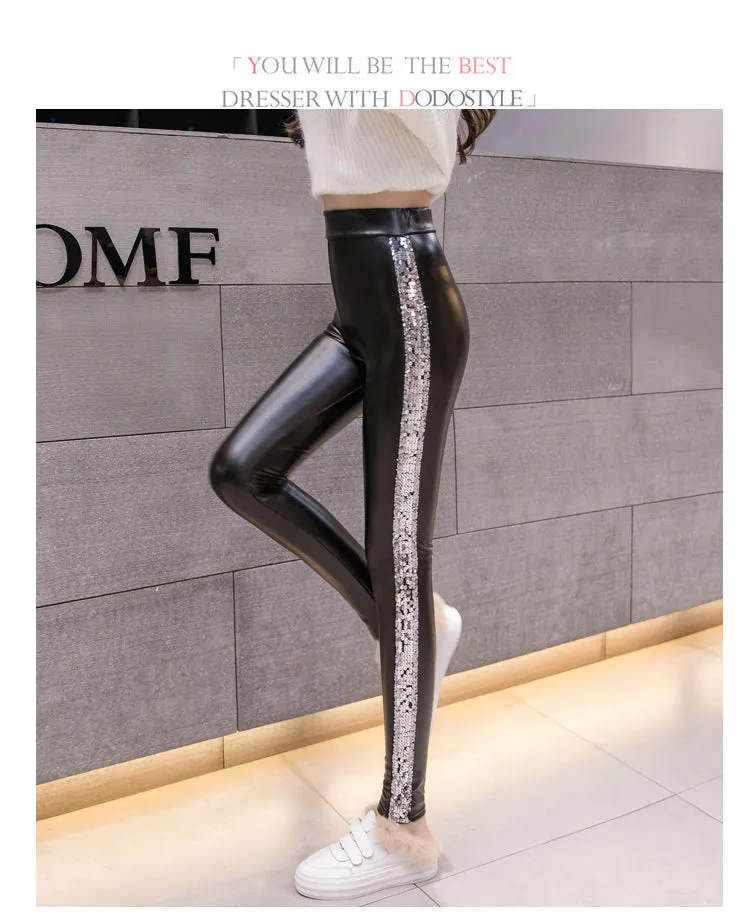 Leather Velvet Women High Waist pants