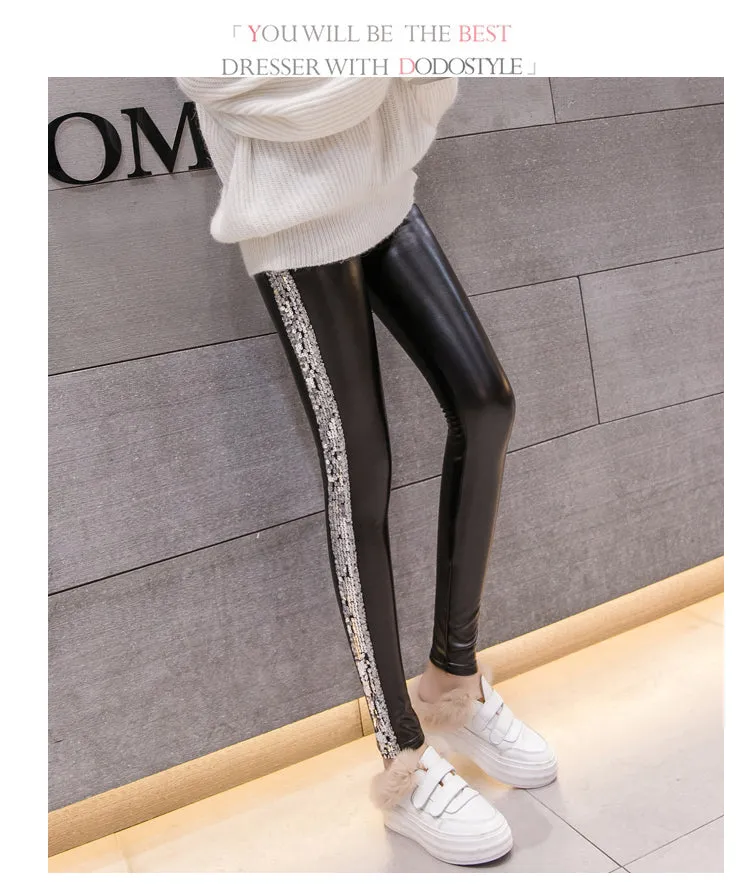 Leather Velvet Women High Waist pants