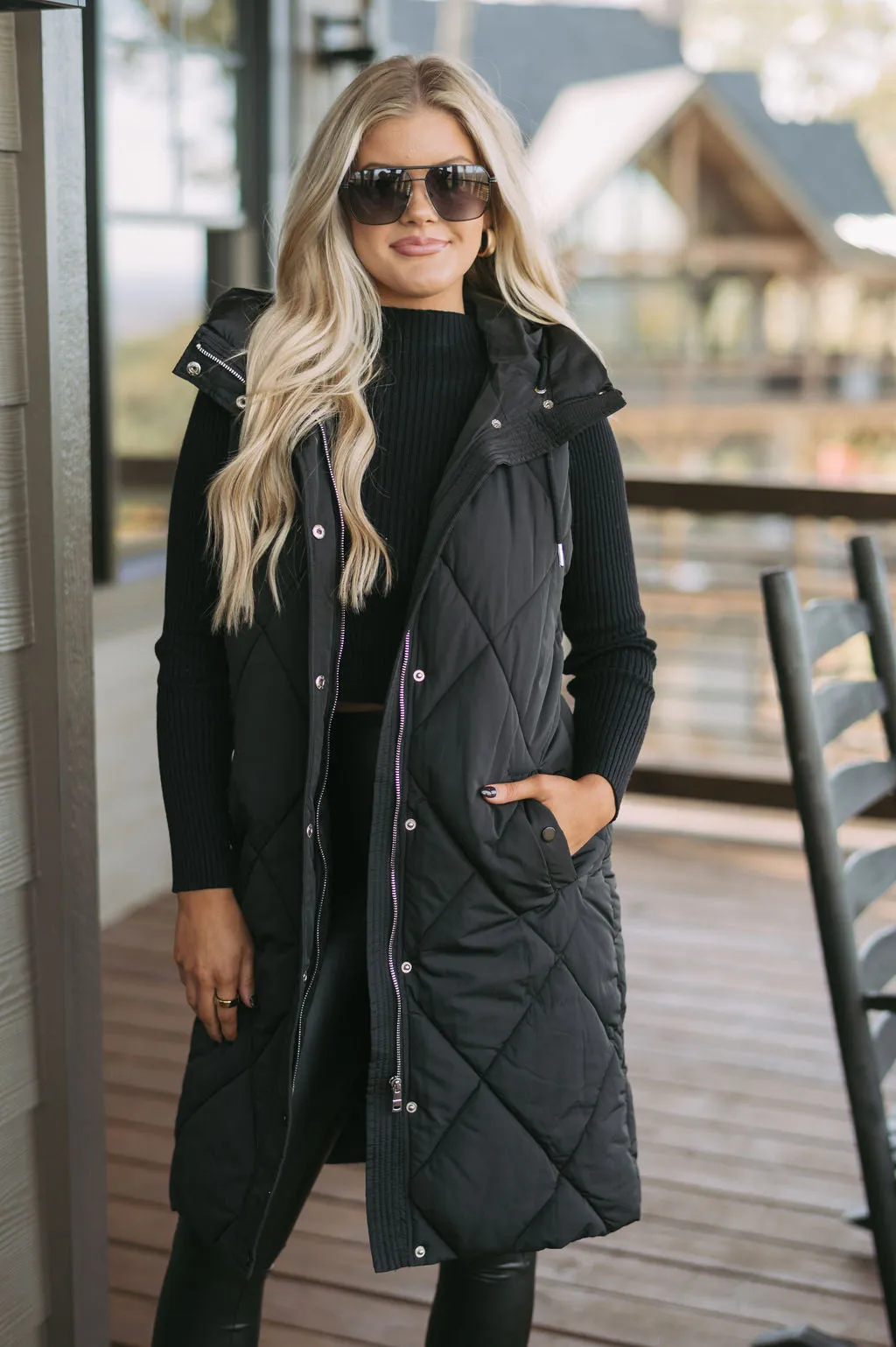 Leigh Quilted Long Vest-Black