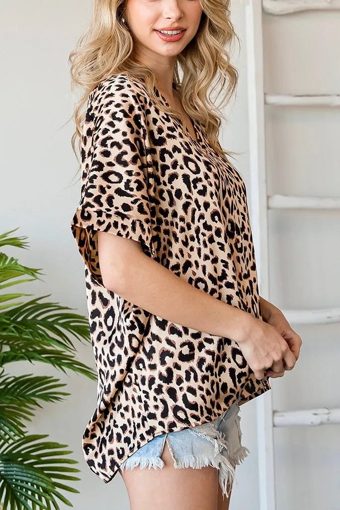 Leopard Print V-Neck Satin Top- Brown