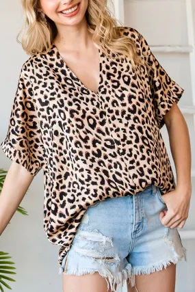 Leopard Print V-Neck Satin Top- Brown