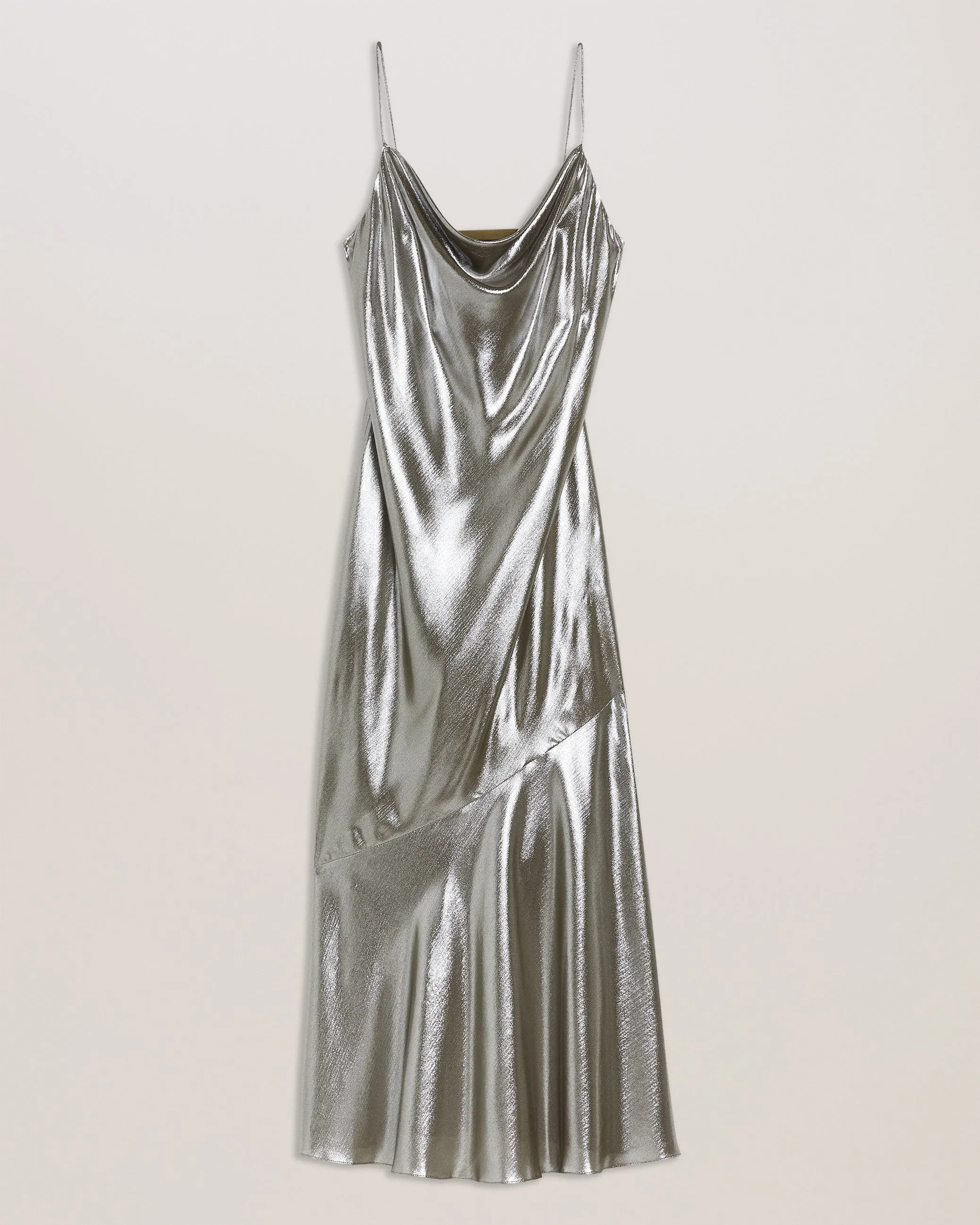 Limern Cowl Neck Bias Cut Lurex Midi Dress Silver