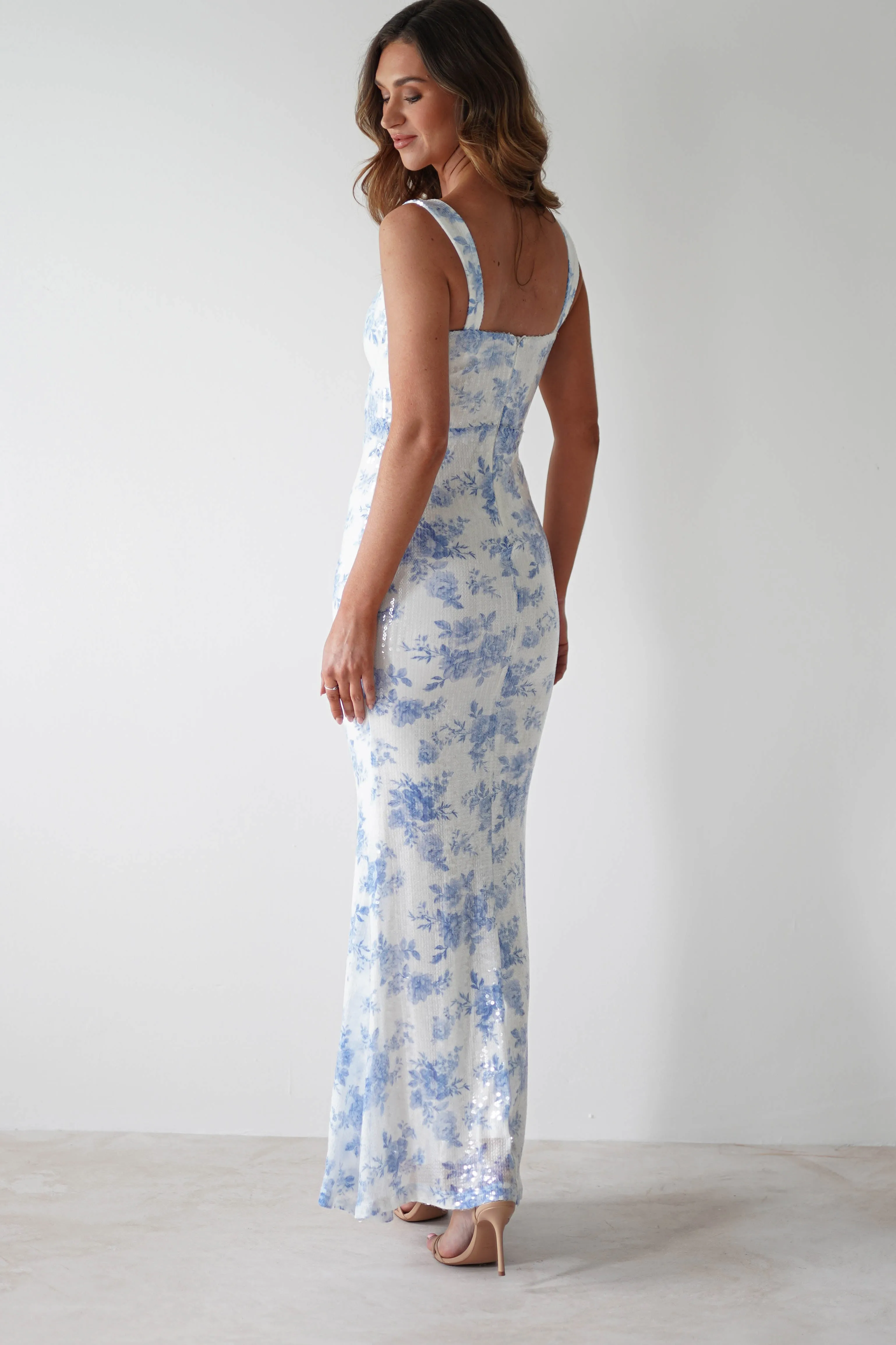 Lynelle Floral Sequin Maxi Dress | Blue/White