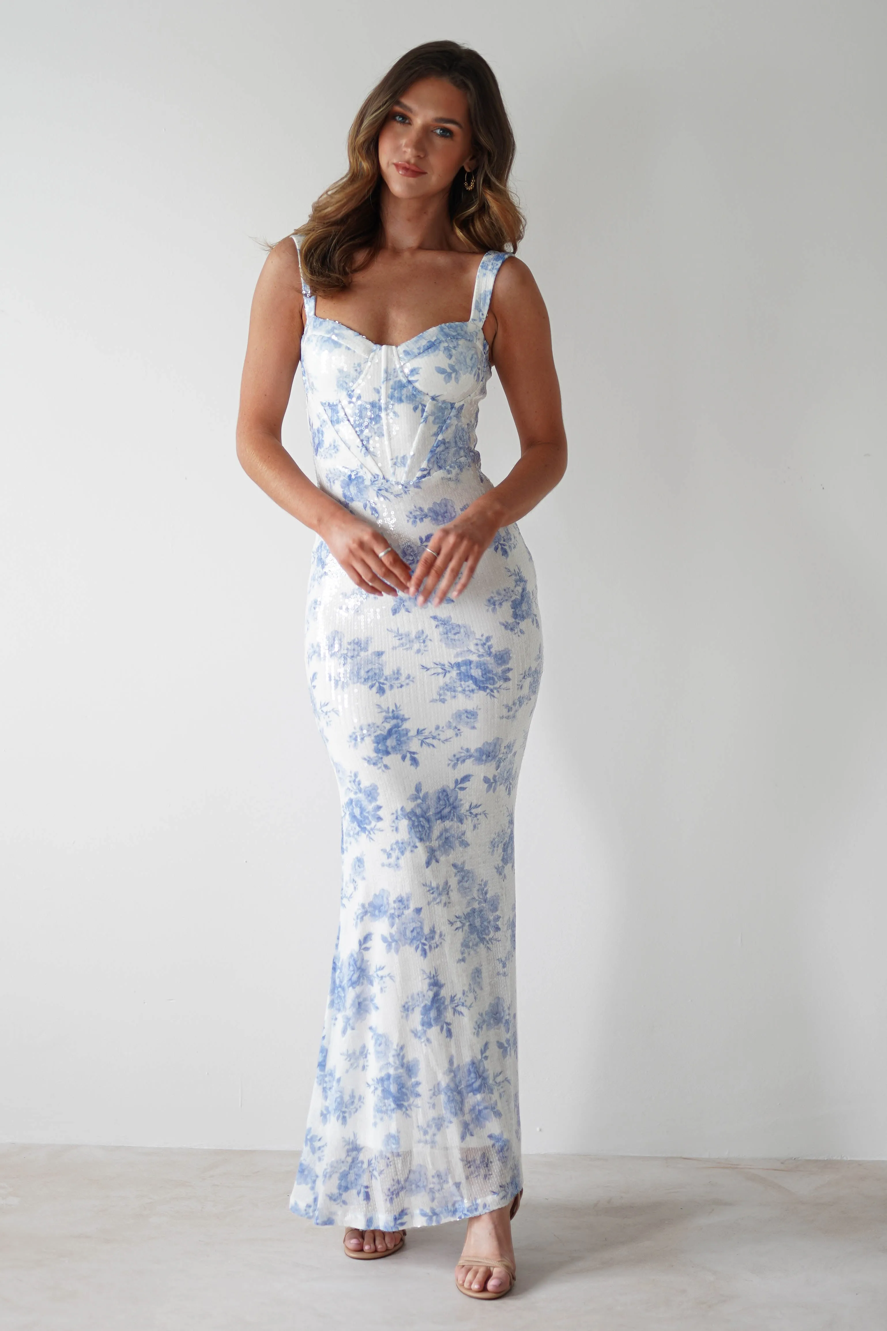 Lynelle Floral Sequin Maxi Dress | Blue/White