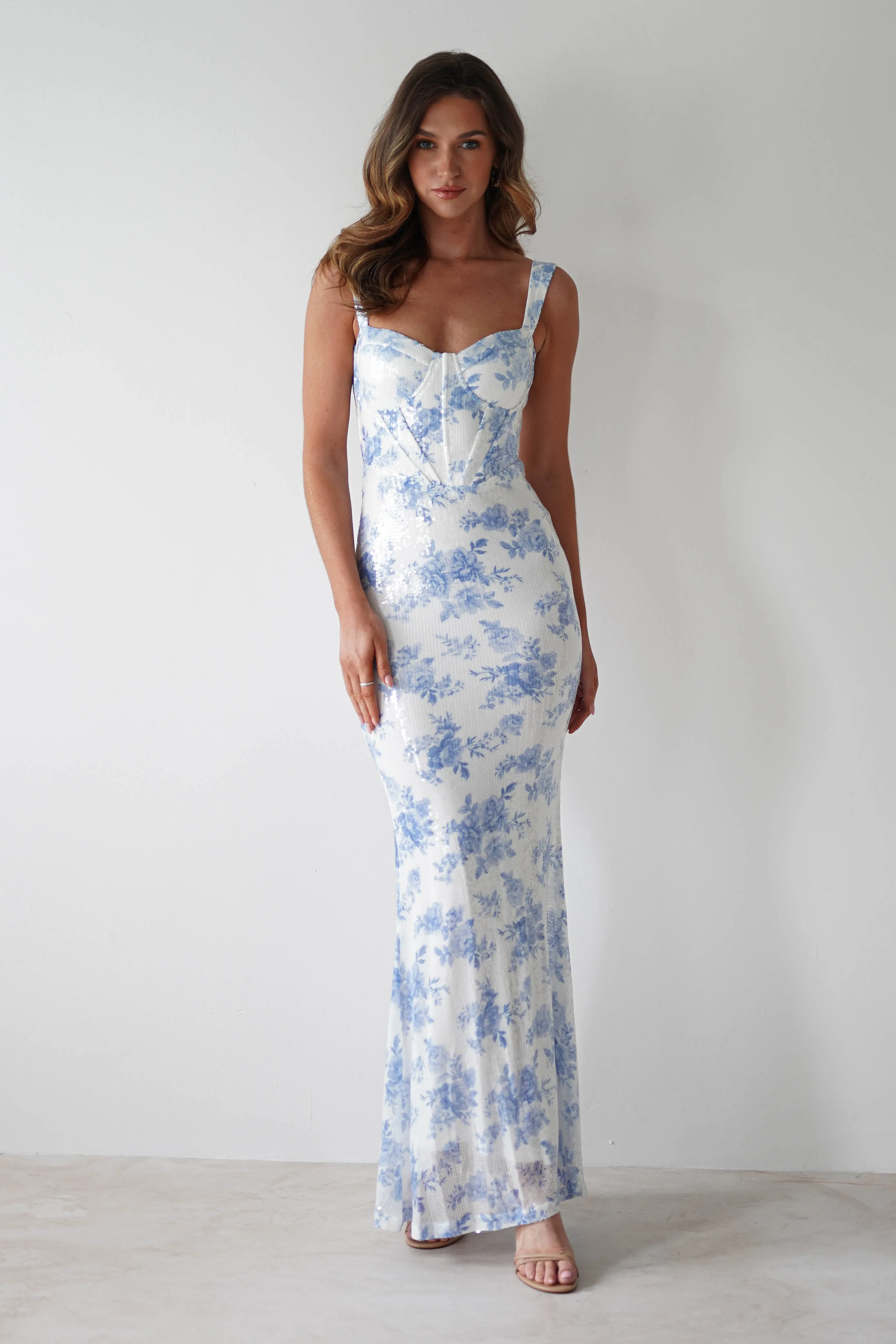 Lynelle Floral Sequin Maxi Dress | Blue/White