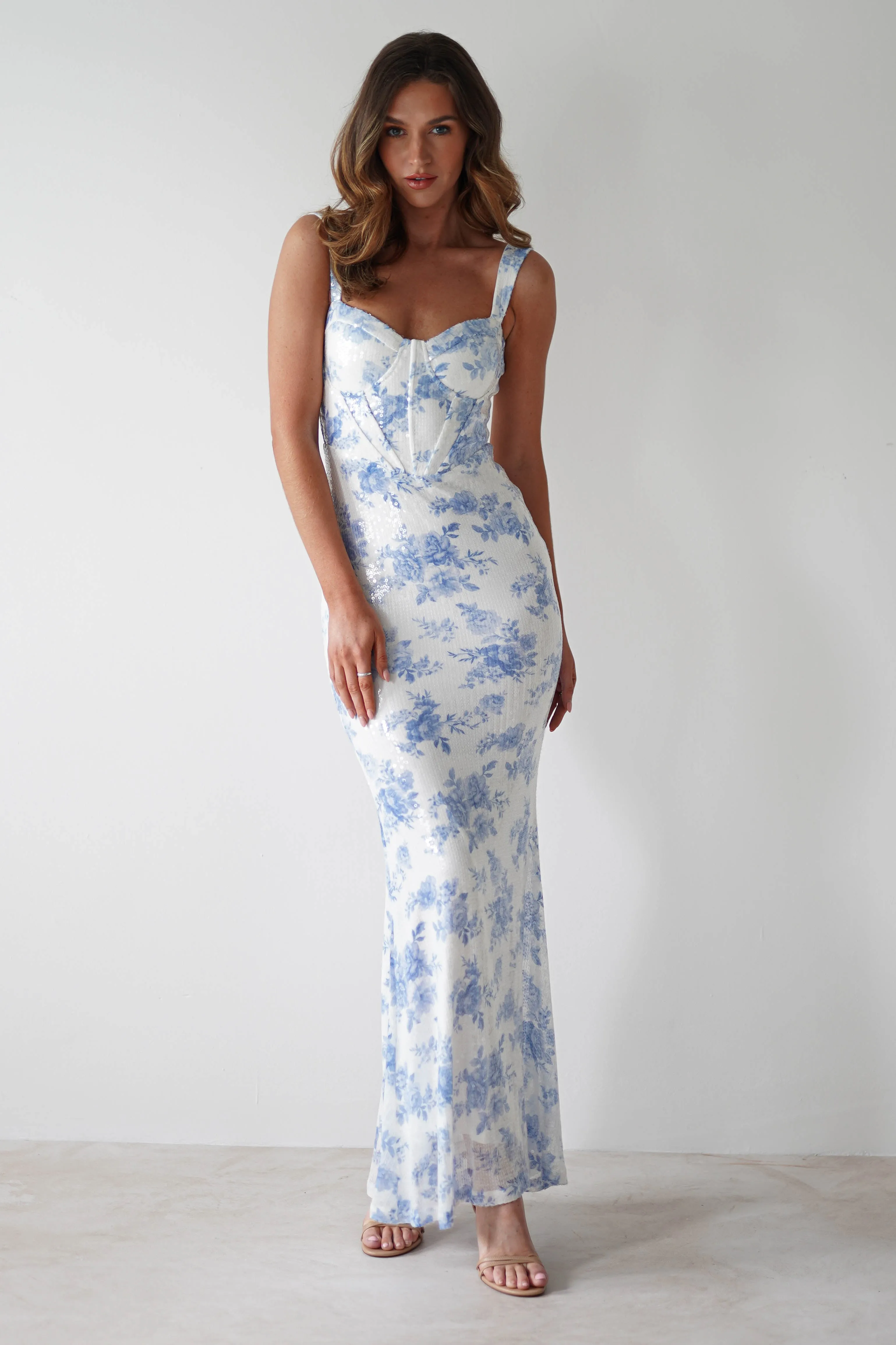 Lynelle Floral Sequin Maxi Dress | Blue/White