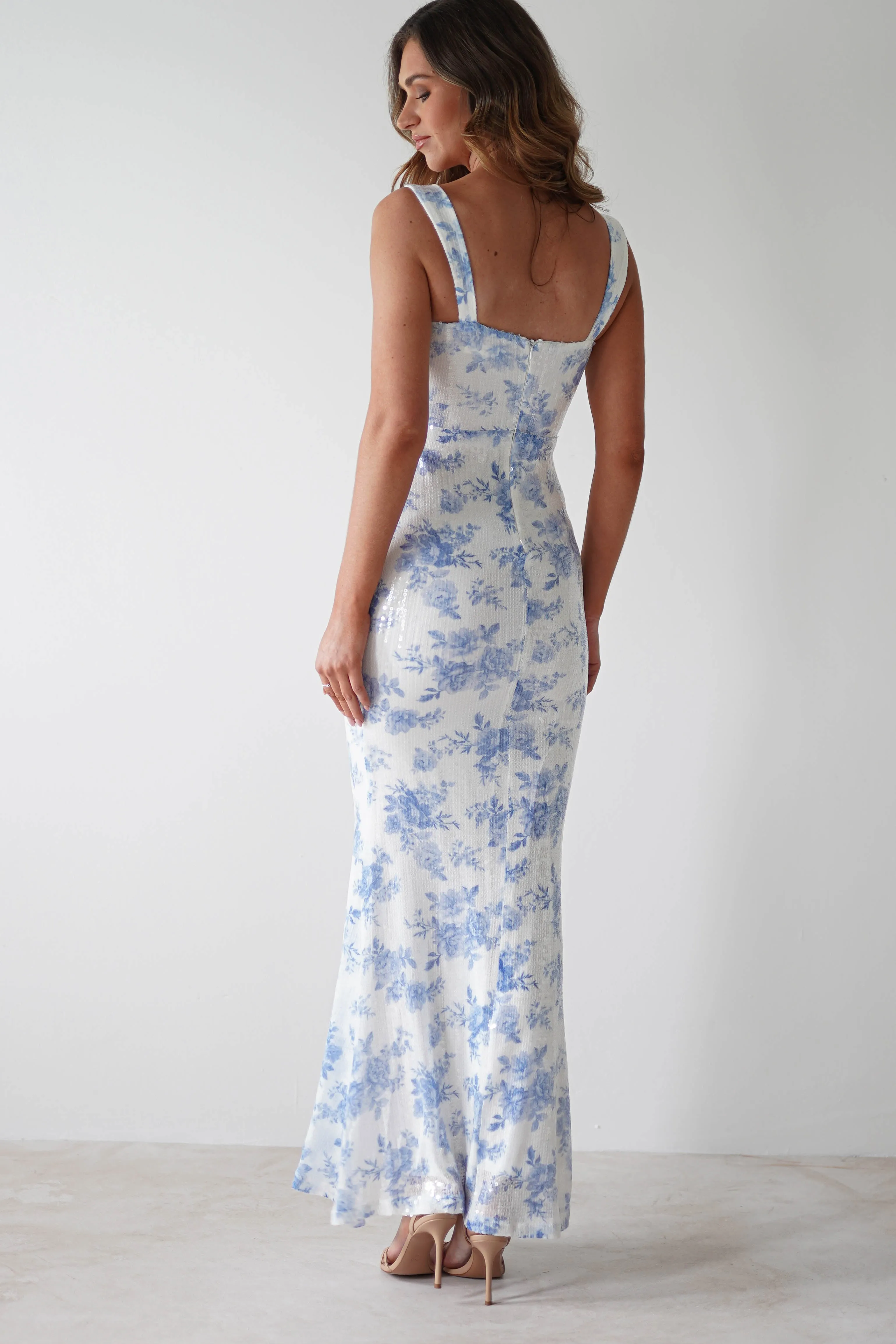 Lynelle Floral Sequin Maxi Dress | Blue/White