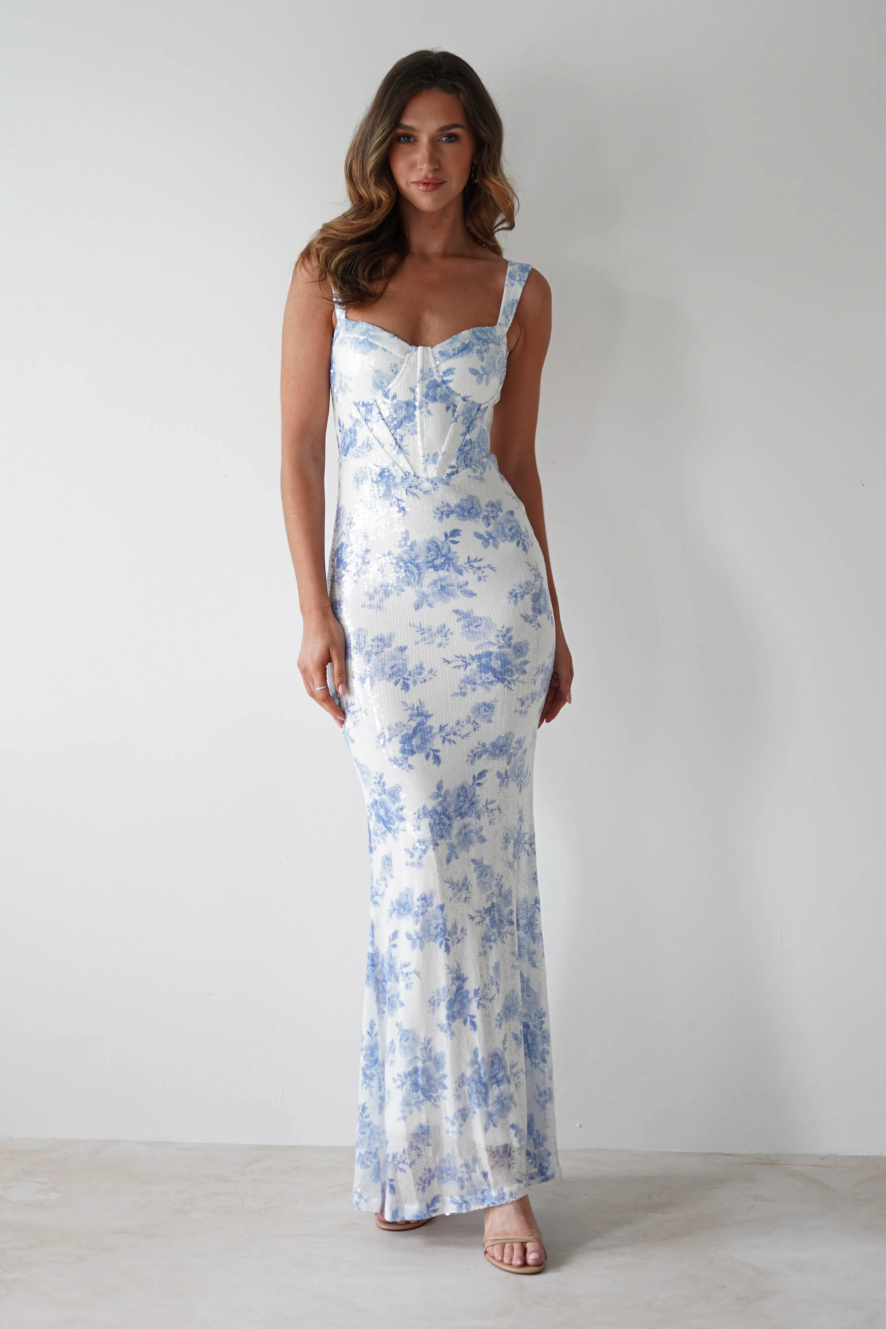 Lynelle Floral Sequin Maxi Dress | Blue/White