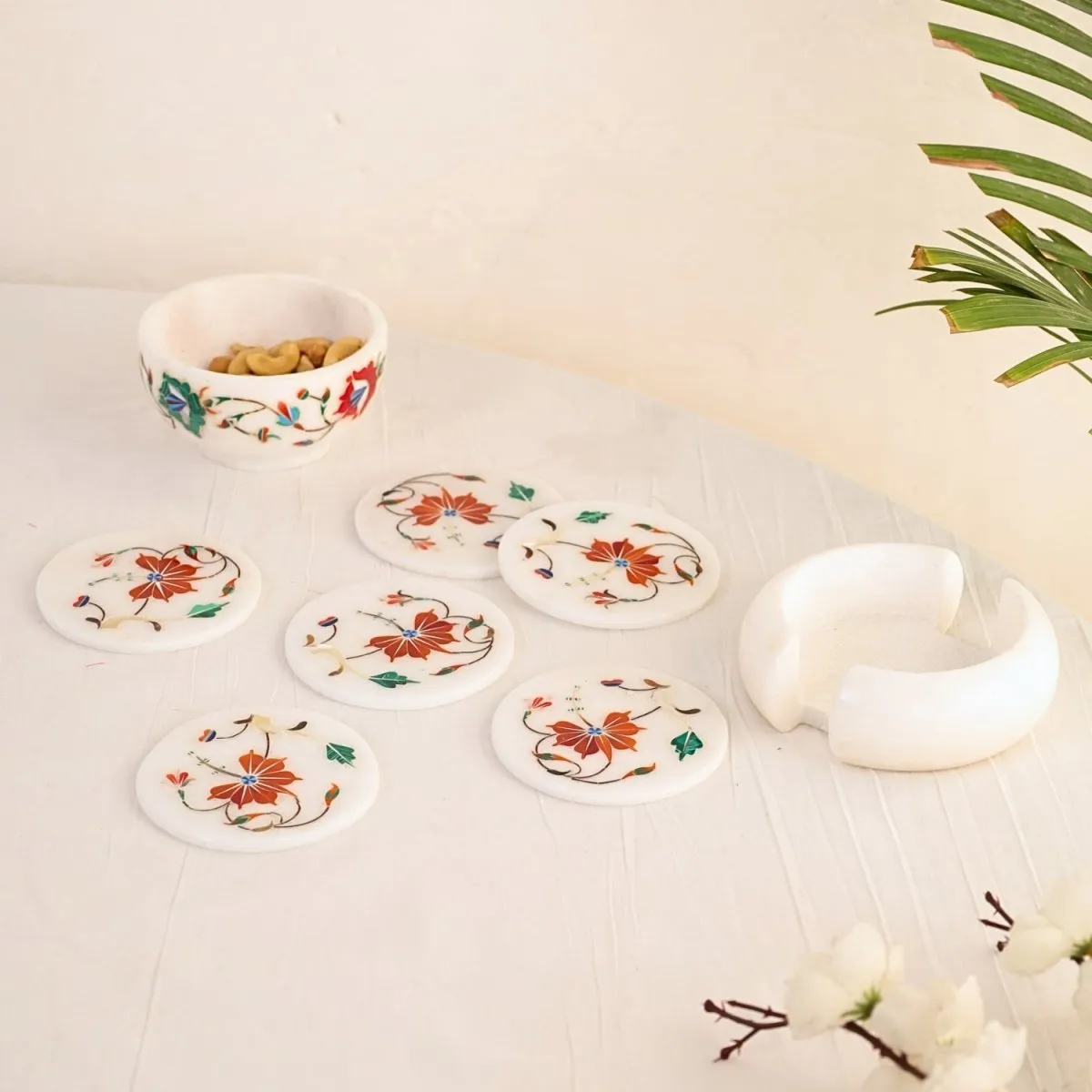 Marble Coaster Set with Red Inlay (Set of 6 with holder) with Marble Nut Bowls with Inlay inspired by the Flowers of Fergana | Rakshabandhan Gift | Handmade in India