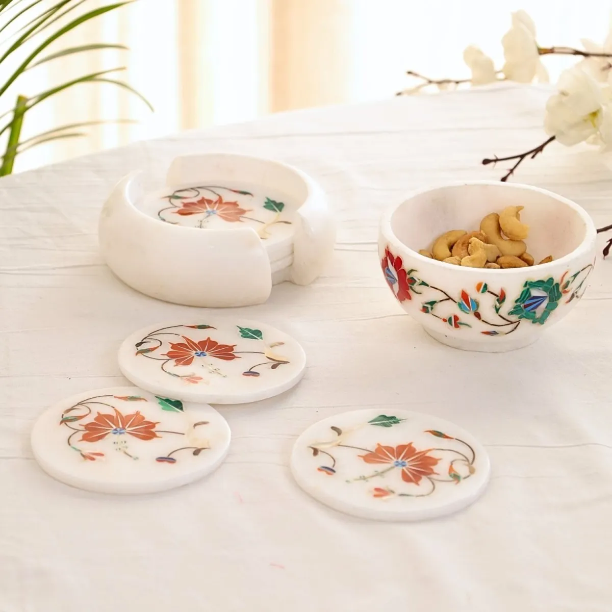 Marble Coaster Set with Red Inlay (Set of 6 with holder) with Marble Nut Bowls with Inlay inspired by the Flowers of Fergana | Rakshabandhan Gift | Handmade in India