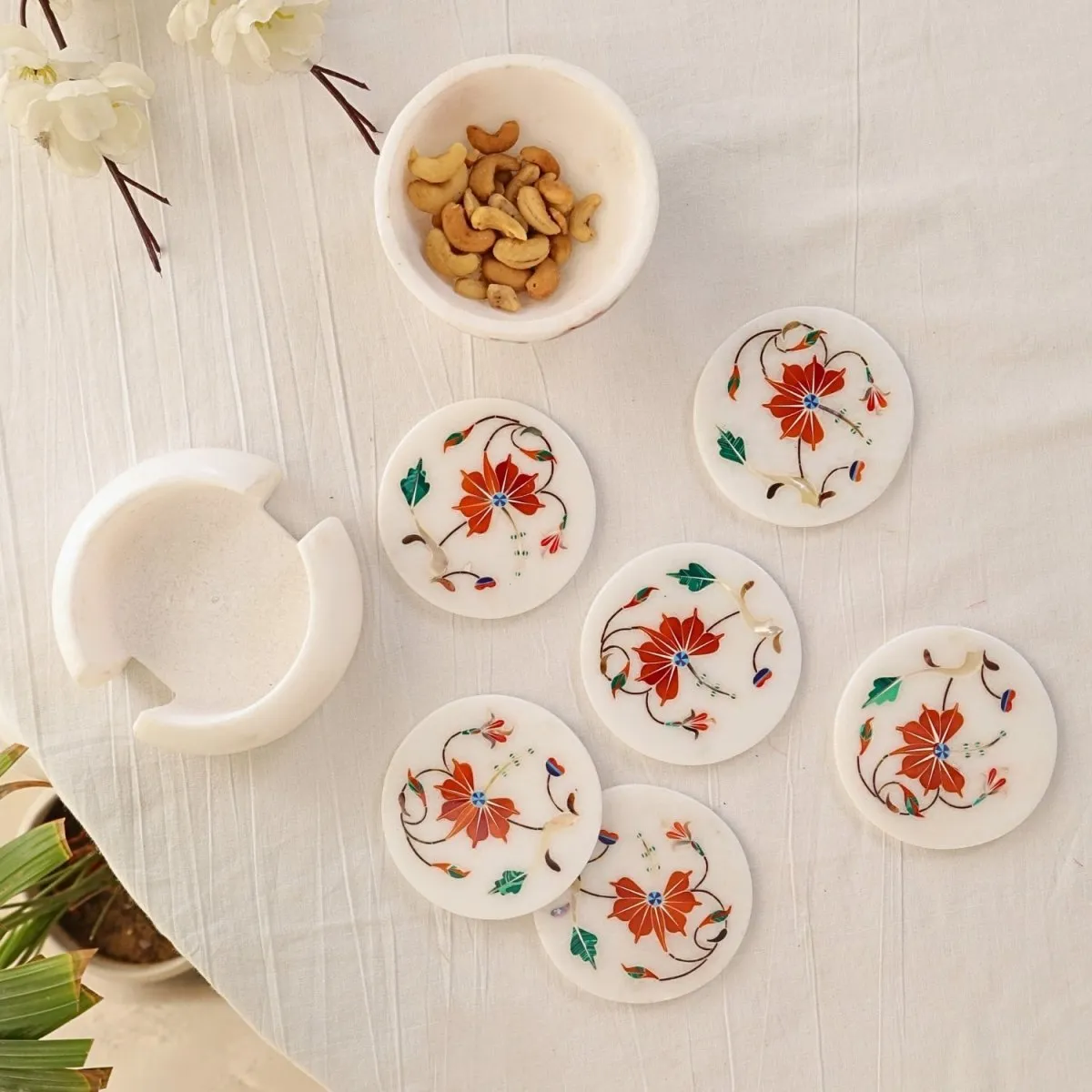 Marble Coaster Set with Red Inlay (Set of 6 with holder) with Marble Nut Bowls with Inlay inspired by the Flowers of Fergana | Rakshabandhan Gift | Handmade in India