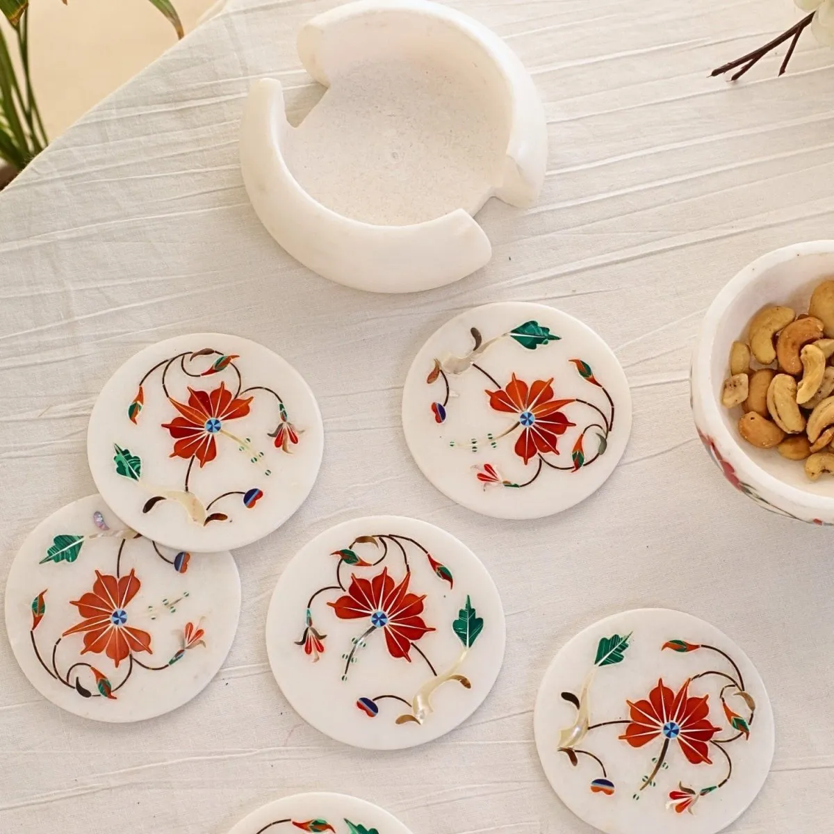 Marble Coaster Set with Red Inlay (Set of 6 with holder) with Marble Nut Bowls with Inlay inspired by the Flowers of Fergana | Rakshabandhan Gift | Handmade in India