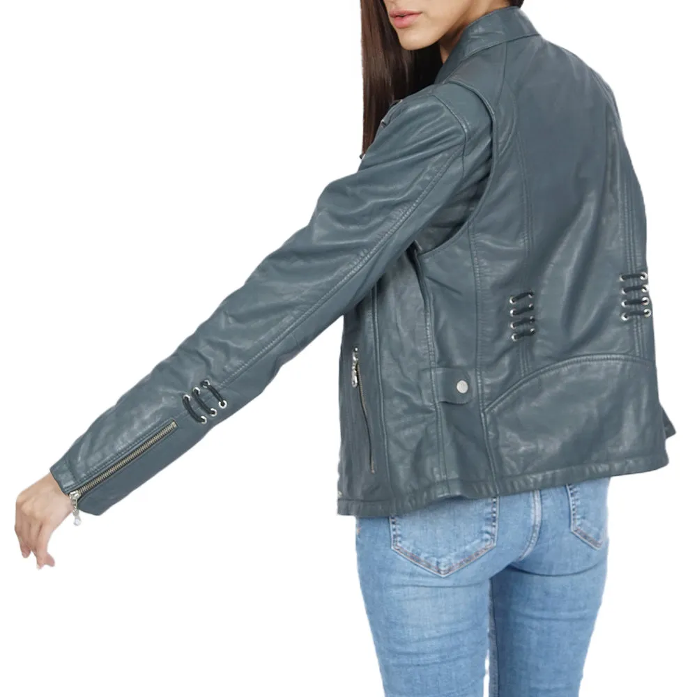 March Blue Biker Leather Jacket