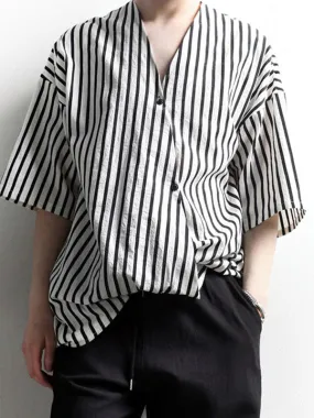 Mens Asymmetrical Front Striped Half Sleeve Shirt SKUK65898