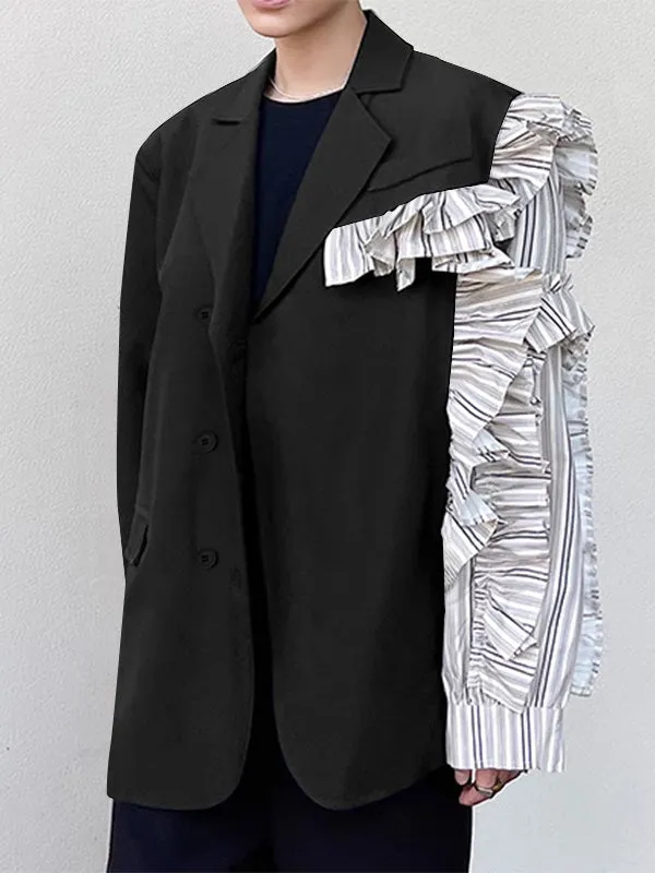 Mens  Asymmetrical Ruffle Trim Striped Patchwork Blazer SKUK72332