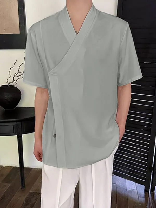 Mens Asymmetrical V-Neck Short Sleeve Shirt SKUK65710