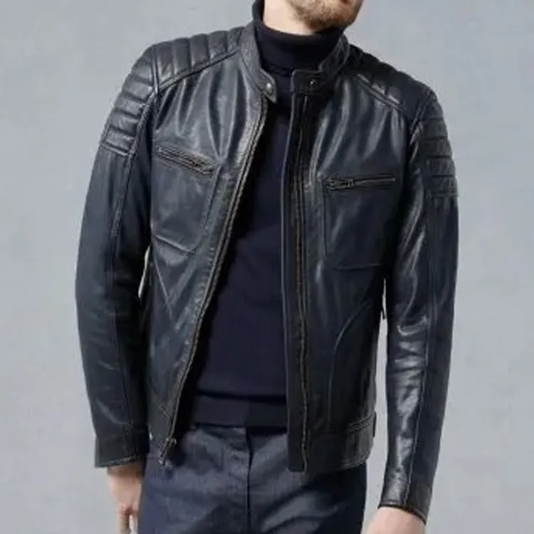 Men's Deep Navy Leather Moto Jacket