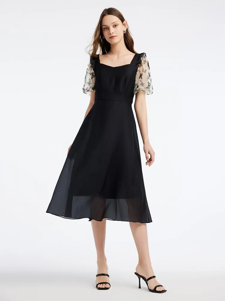 Mesh Patchwork Puff Sleeve Midi Dress