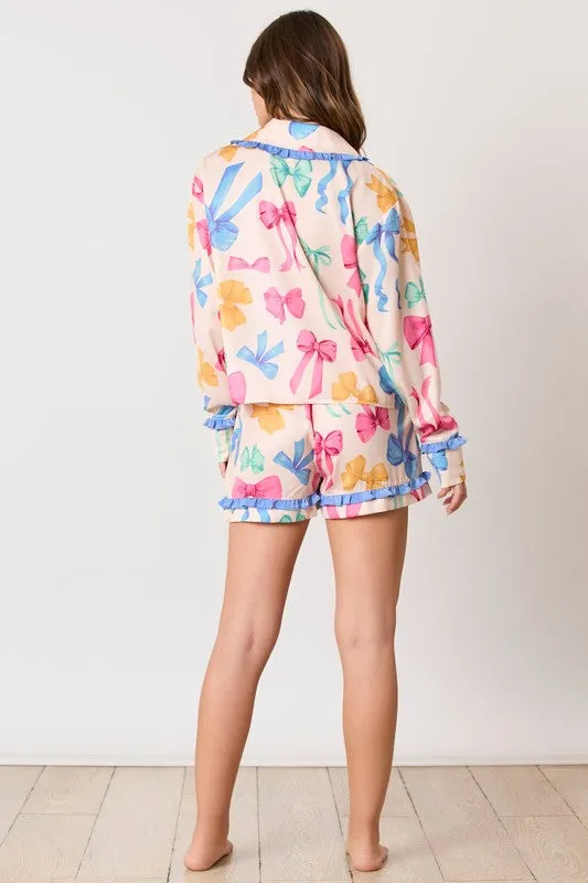 Multi Color Ribbon Printed Pajama Shorts